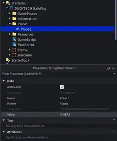 Place 1 selected in Roblox Studio with its Value property