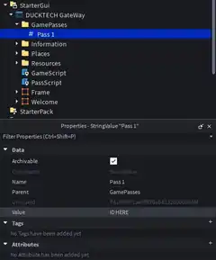 Pass 1 selected in Roblox Studio with its Value property