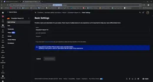 Roblox Creator page showing the selected Place settings